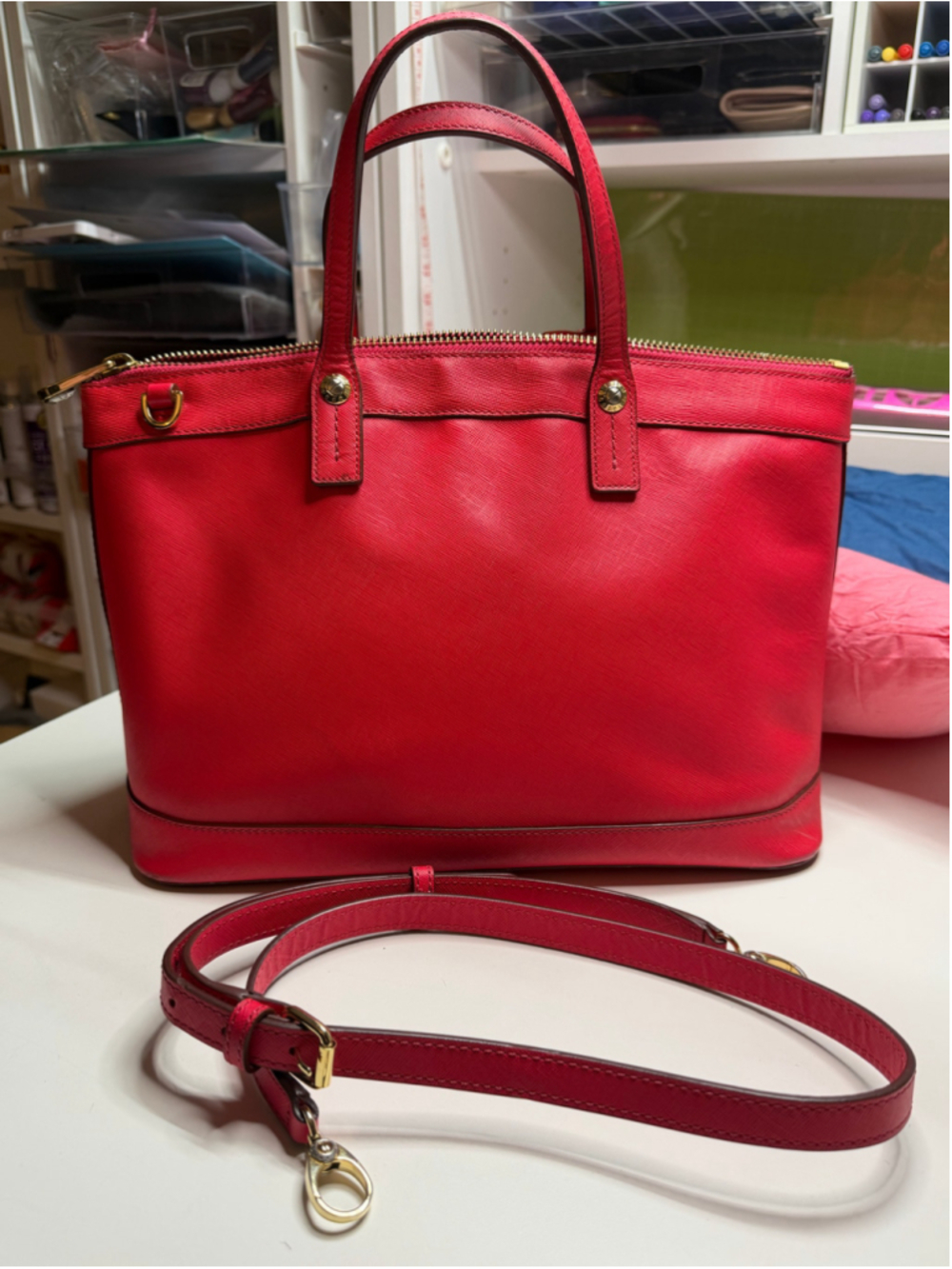 Women's Henri Bendel Deep Pink Saffiano Leather Tote Bag One Size - Picture 11 of 11